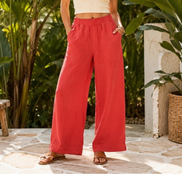 Tahari Pants - Tahari Women Coral Pink 100% Linen Wide Leg Elastic Waist Pants Size L